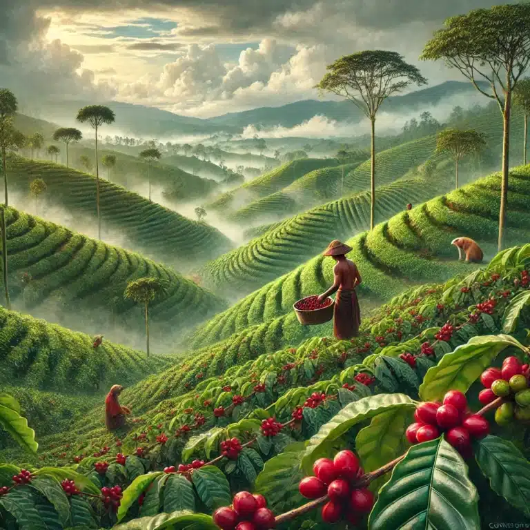 Sumatran King Gayo coffee farm with farmer and civet.