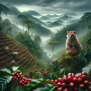 Sumatran King Gayo coffee trees and wild civet.